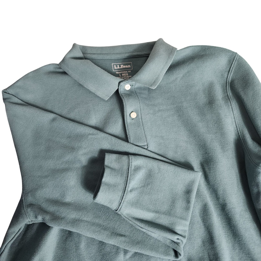 LL Bean Mens Traditional Fit Long Sleeve Polo Shirt L REG‎ Teal Cotton Heavy